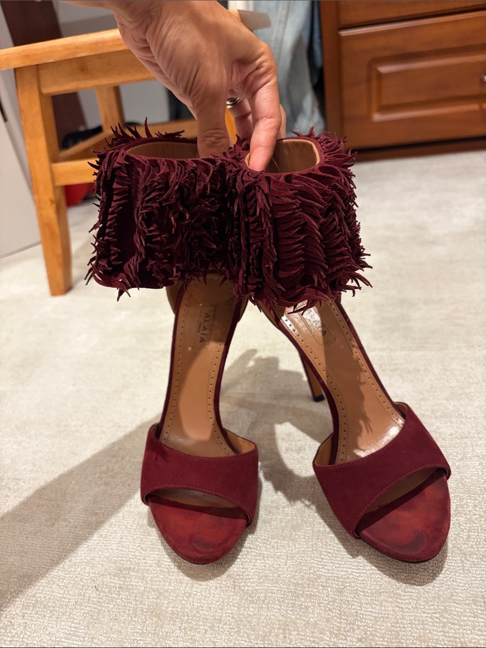Alaïa Burgundy Suede Fringe Ankle-Strap Heels
